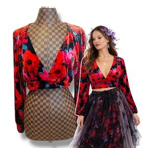 Romantic Floral Velvet Crop Top Size Large Bishop Sleeve V-Neck Whimsigoth Vamp